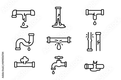 Broken pipes line icon set. Leaking pipe, water drip, and burst pipeline outline symbols. Plumbing repair service, water damage, and leakage problem vector illustration icons.