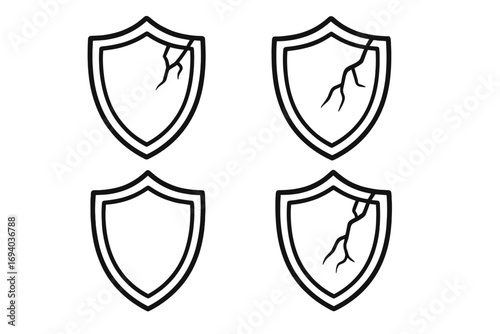 Cracked shield icon set. Vector illustration for vulnerability, broken protection, data breach, security failure. Damaged defense symbol. Unsafe, insecure concepts.