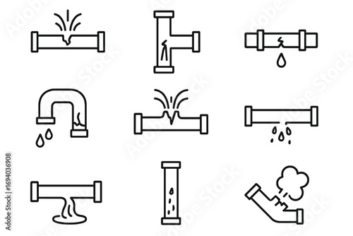 Broken pipes line icon set. Water leak, pipeline burst, and plumbing damage concepts. Vector collection of simple isolated symbols with editable stroke for web and apps.