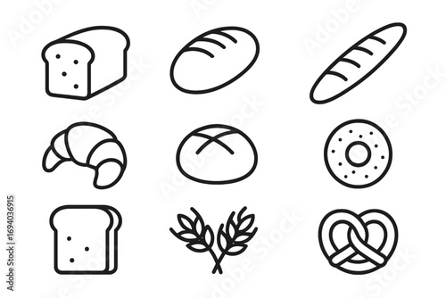 Bread and bakery line icon set. Minimal vector symbols of loaf, baguette, croissant, pretzel for web design. Pastry and baking pictogram collection for graphic elements.