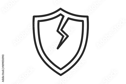 Broken shield line icon. Unsafe and unprotected concept. Vulnerability, risk, and failed defense metaphor. Data breach, cyber attack, system error symbol. Vector graphic.