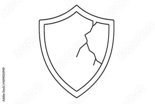 Cracked shield icon of vulnerability, risk, and broken protection. Vector line art of a damaged crest symbolizing danger, insecurity, and failed defense. Safety breach.