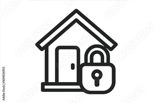 Home security icon. House and lock symbol for safety and protection. Private property concept. Vector line art for real estate, insurance, mortgage, and app design.