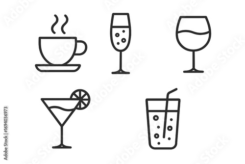 Drink and beverage line icon set. Coffee, champagne, wine, cocktail, soda. Simple outline symbol collection for bar, cafe menu. Vector graphic with editable stroke.
