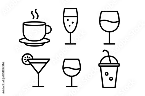 Drink and beverage line icon set. Collection of simple vector pictograms. Coffee, tea, wine, champagne, cocktail, juice and soda. Editable stroke for bar or restaurant menu.