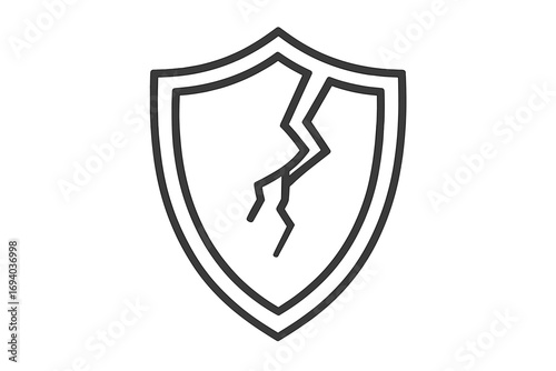 Broken shield line icon concept of vulnerability, risk and danger. Cracked guard symbol for insecure data breach, cyber attack or system error. Unsafe protection vector.