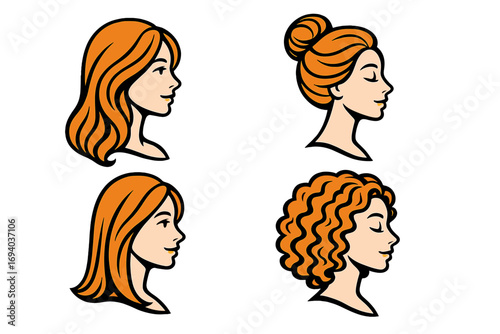 Woman hairstyle set for beauty salon logo. Vector cartoon illustration of female head profile. Collection of haircuts: long, short, curly hair and elegant bun. Redhead.