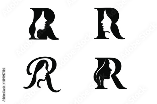 Letter R logo set with woman face silhouette. Elegant monogram collection for beauty, spa, salon, fashion brand. Vector logotype concept of female profile in negative space.
