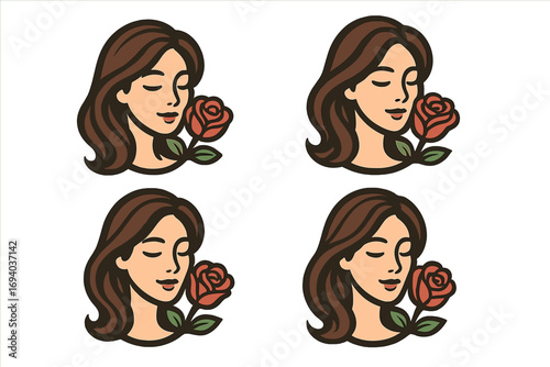 Woman face with rose logo set. Concept for beauty salon, spa, cosmetics. Vector illustration for natural skincare, wellness, aromatherapy. Feminine character smelling a flower.