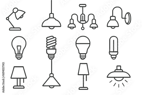 Lighting and lamps line icon set. Vector collection of light bulb, chandelier, desk lamp symbols. Home illumination linear pictograms for interior design, web, and apps.