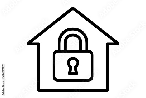 Home security system concept. House and lock icon for safety and protection. Real estate insurance, secure transaction, and property protection symbol. Vector outline illustration.