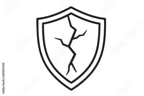 Cracked shield line icon. Security breach concept. Damaged protection symbol. Cyber attack, data leak, and vulnerability metaphor. Hacking and computer virus risk sign. Broken safety.