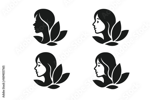 Woman face profile silhouette with leaves logo collection. Set of beautiful girl head icons for a beauty salon, spa, cosmetics, or wellness center. Natural, organic vector emblem.