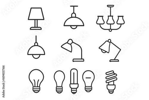 Lighting and lamp line icon set. Collection of light bulbs, chandelier, desk and table lamps. Home electricity and interior decor symbols. Outline vector pictograms for web.