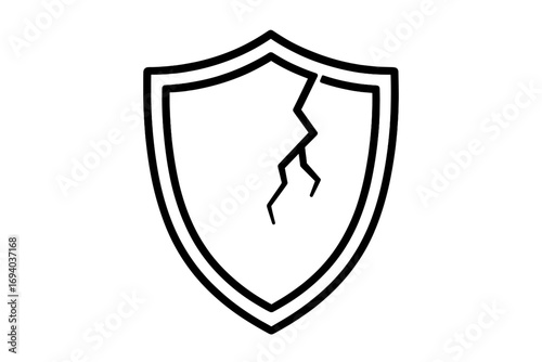 Cracked shield vector icon. Broken protection and safety symbol. Concept of vulnerability, damage, risk, and failure. Metaphor for security breach, data leak, system error.