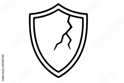 Cracked shield line icon. Broken protection and security symbol. Concept of vulnerability, risk, and danger. Vector illustration for data breach or cyber attack concept.