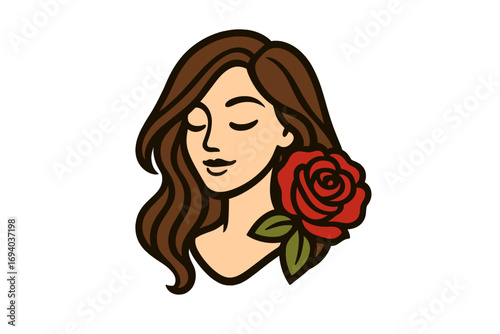 Beautiful woman with red rose flower logo concept. Vector illustration for beauty salon, spa, or cosmetics. Feminine portrait icon for branding. Natural and elegant design.