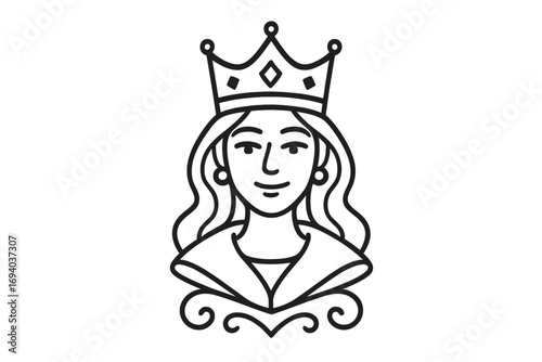 Royal queen head with crown logo. Vector line art icon of a beautiful princess. Elegant woman face for beauty salon or fashion brand. Noble lady portrait illustration.