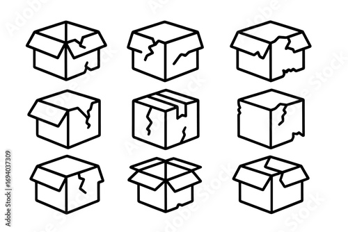 Broken box line icon collection. Damaged package and fragile parcel symbols. Shipping, delivery, and logistics problems. Vector outline signs for graphic design, web, apps.