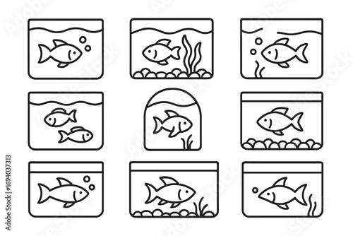 Aquarium fish line icon set. Fishbowl and water tank vector icons. Minimalist pictograms for web design, apps, and infographics. Pet shop, aquatic life, and hobby concept.
