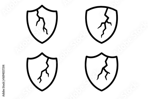 Set of cracked shield line icons. Broken security and protection symbol. Metaphor for vulnerability, data breach, risk, and system failure. Vector graphic for cybersecurity concepts.