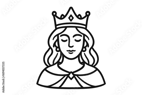 Queen logo line art vector illustration. Beautiful woman face with crown for beauty salon or spa. Royal princess head icon. Elegant female portrait for luxury brand identity.