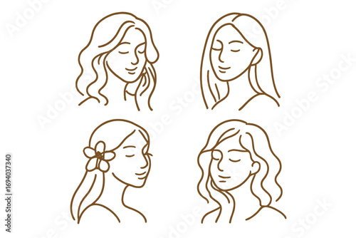 Woman face line art logo collection. Vector illustrations for beauty salon, spa, cosmetics. Minimalist female portraits. Natural beauty, wellness and hair care concept icons.