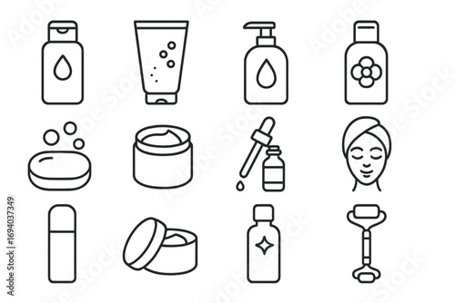 Cosmetics line icon set. Beauty products, skin care routine. Minimal outline pictogram collection. Shampoo, cream, soap, serum, gel, lotion, face roller. Vector symbols.