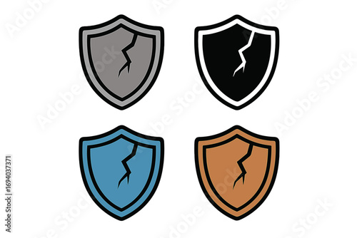Cracked shield vector icon set. Metaphor for vulnerability, broken protection, security failure. Symbol of data breach, risk, damage, and a weak defense system. Cartoon illustration.