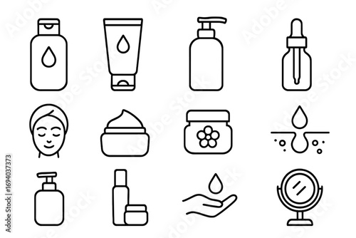 Vector linear icons for beauty products. Skincare routine, facial treatment, moisturizer, and hygiene symbols for web design, apps, and branding. Isolated pictogram bundle.