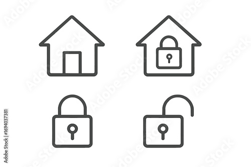 Home security icon set. House and lock thin line icons for web and apps. Property protection, safety and privacy concept. Locked and unlocked padlock vector symbols.
