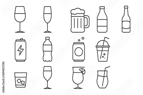Drink and beverage icon set. Thin line vector symbols collection. Alcohol, cocktail, beer, wine, soft drinks, energy drink, soda. Outline signs for bar menu, app, web.