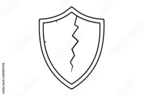 Cracked shield line icon. Metaphor for vulnerability, data breach, and insecurity. Broken protection and safety concept. Damaged defense symbol. Vector illustration for failure.