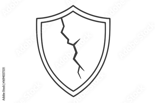 Cracked shield icon vector. Broken protection and security symbol. Metaphor for vulnerability, risk, danger and failed defense. Simple thin line art cartoon illustration.