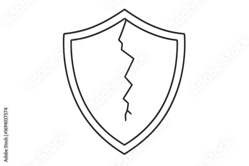 Cracked shield icon. Metaphor for broken security, vulnerability, and data breach. Thin line vector. Unsafe, unprotected, risk, and system failure concept. Attack.