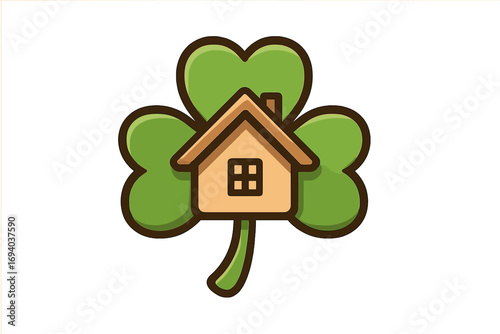 Clover house logo design vector illustration. Three-leaf clover with home icon for real estate. Symbol for property and housing. Eco-friendly green living concept. Lucky charm home.