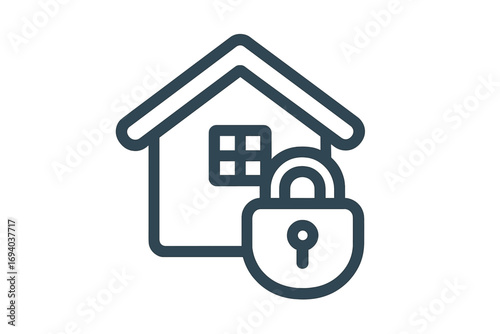 Home security icon with house and padlock. Vector line art for property protection, real estate safety, insurance, and smart home technology. Secure building symbol.