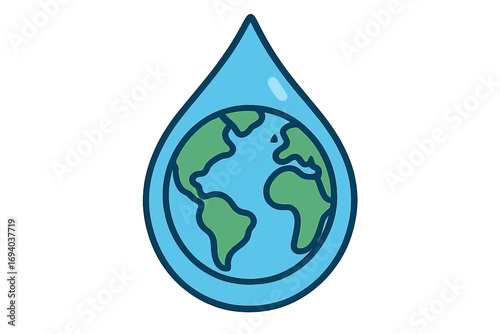 Save water concept. Planet Earth in a water drop. World Water Day symbol. Ecology, environment, and conservation of resources. Globe and droplet icon for graphic design. Vector.