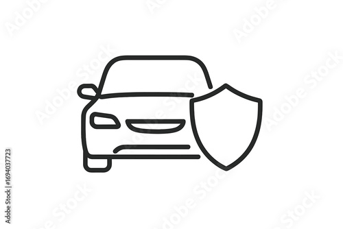 Car insurance icon. Auto protection and vehicle safety concept. Automobile with shield guard symbol. Secure transport and warranty sign. Minimalist line art vector illustration.