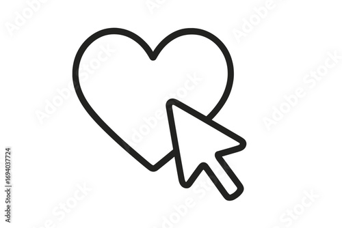 Cursor arrow pointer clicking a heart outline. Love and like button concept for social media, website, and dating apps. Favorite icon vector line art illustration.