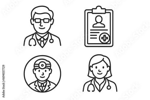 Doctor line icon set. Medical staff avatars. Male and female physician, surgeon with headlamp, and patient medical record chart symbol. Vector for healthcare and hospital.