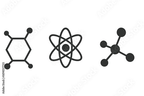 Science icons set. Atom, molecule, chemical compound. Flat vector graphic for chemistry, physics research. Atomic structure, nucleus, electron orbit, benzene ring symbol.
