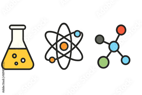 Chemical compound, atom, and molecule vector icon set. Simple flat cartoon illustration for science, chemistry, physics, and research. Laboratory experiment symbols.