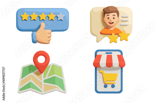 3D customer ratings and reviews concept with thumbs up, local search map with location pin, online shopping mobile cart, marketing icons, modern vector cartoon set
