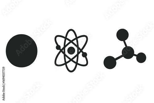 Atom, molecule, and chemical compound vector icon set. Simple flat graphic illustration for science, chemistry, and physics concepts. Atomic structure model with nucleus and electron.