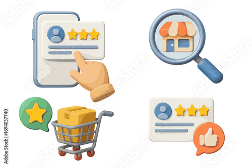 Customer ratings and reviews concept with star ratings, local business search magnifying glass, online shopping cart with package, thumbs up feedback in colorful 3D cartoon style