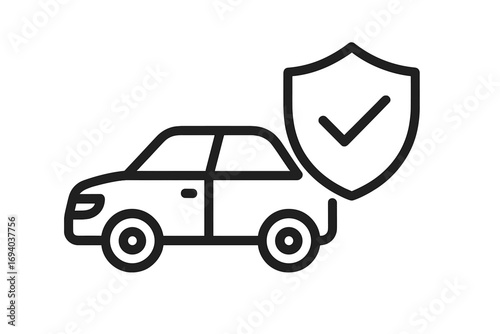 Car insurance coverage concept. Auto protection and vehicle safety symbol. Secure transport guarantee. Shield with checkmark linear icon for web. Vector sign illustration.