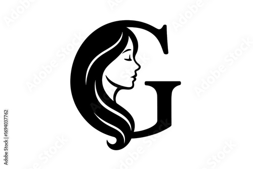 Elegant Female Silhouette Logo Design with Flowing Hair Integrated into Letter G, Black and White Vector Art for Beauty, Fashion, and Feminine Branding Concepts