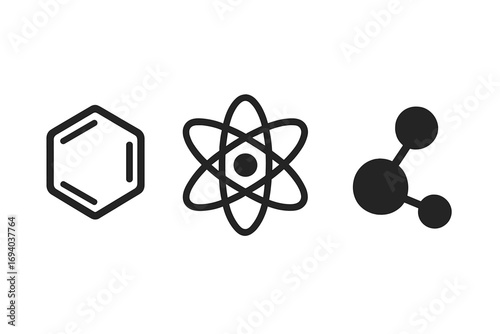 Science icon set with atom, molecule, and chemical compound symbols. Flat vector illustration of benzene ring, atomic physics model, and molecular structure for chemistry.