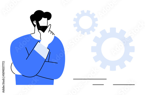 Man thoughtfully touching his chin, gears symbolizing thinking, creativity, planning, strategy, innovation, decision-making. Ideal for brainstorming, problem-solving workflows startups